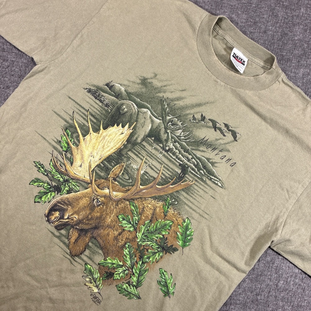 Vintage Montana Moose Tultex T-Shirt Mens XL Green San Segal Graphic - Picture 1 of 10